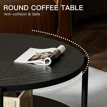 FAMIDGE Coffee Table, 2 Tiers Round Coffee Table, Black Modern Coffee Table for Living Room, Small Space Friendly (Sturdy Metal Frame, Easy Assembly) 27.5x17.7in