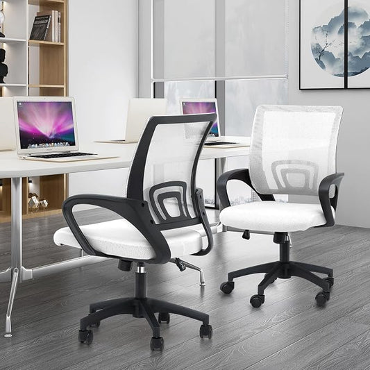 Athena Collection Computer Office Chair Set of 2, Ergonomic Desk Chair with Rolling Wheels, Mesh Back Support and Height Adjustable, Small and Comfy for Home Office, Study, White