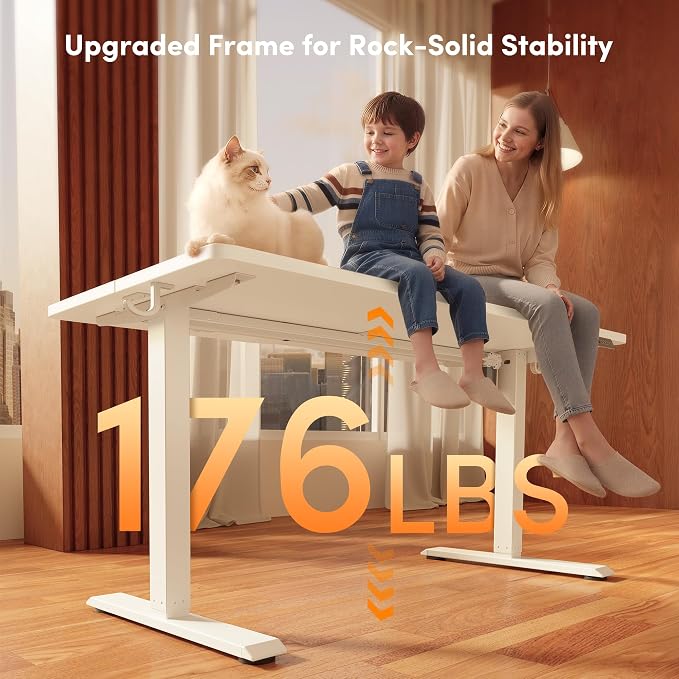 FEZIBO Standing Desk, 55×28 Inches Electric Height Adjustable, Sit Stand Up, Computer Office Desk with Splice Board, While Frame/While TOP