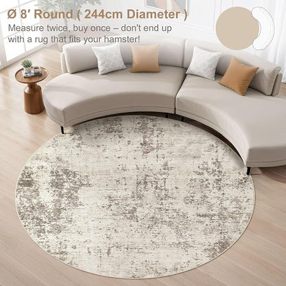 UERMEI 8ft Round Area Rug Living Room Rugs - 8x8 Washable Neutral Modern Abstract Soft Thin Rug Indoor Floor No Slip Rug Carpet for Bedroom Under Dining Table Home Office Decor - Dark Brown