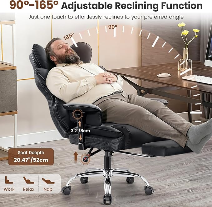 BESTFAIR Big and Tall Office Chair - Heavy Duty 400 LBS Executive Chair with Lumbar Support & Foot Rest, High Back Ergonomic Desk Chair, Padded Wide Seat Gaming Chair, Black 4 Pack