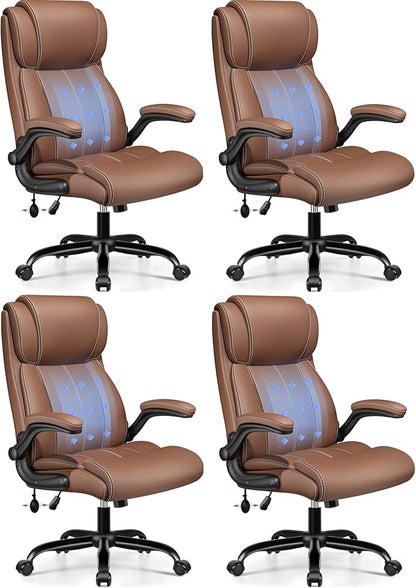 BESTFAIR Ergonomic Office Chair - Desk Computer Chair, Leather High Back Executive Chairs with Adjustable Lumbar Support & Flip Up Arms, Brown 4 Pack