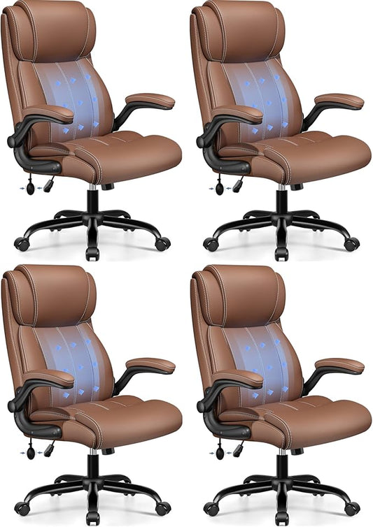 BESTFAIR Ergonomic Office Chair - Desk Computer Chair, Leather High Back Executive Chairs with Adjustable Lumbar Support & Flip Up Arms, Brown 4 Pack