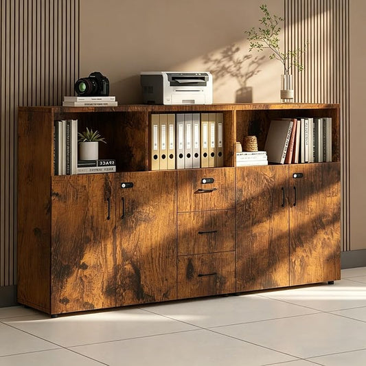 File Cabinet with Password Lock, Wood Lateral Filing Cabinet for Letter/A4 Files, 3 Drawer with Door, Printer Stand with Open Shelves for Home Office