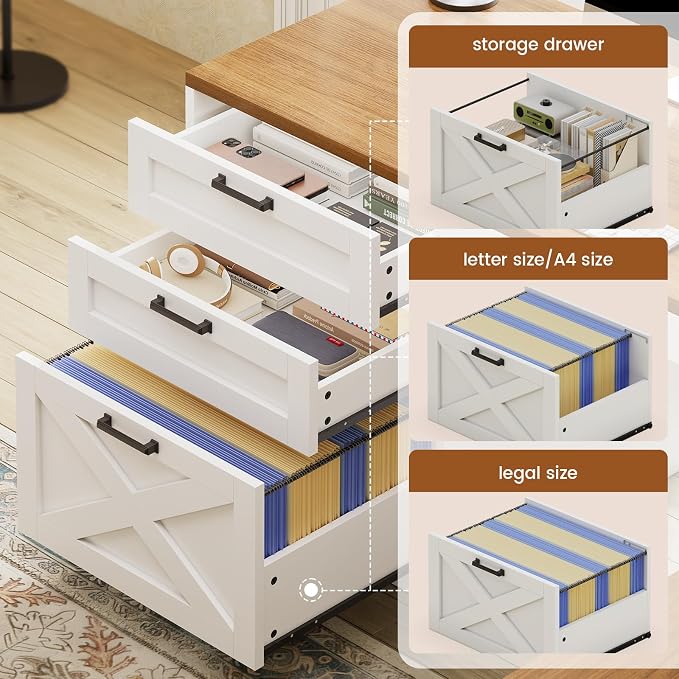 SEDETA 67" Farmhouse L Shaped Desk with Hutch, Home Office Desks with Drawers & Sliding Doors, Corner Computer Desk with Storage Shelves & Power Outlets, Executive Desk with LED Lights, White+Brown