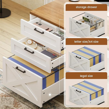 SEDETA 67" Farmhouse L Shaped Desk with Hutch, Home Office Desks with Drawers & Sliding Doors, Corner Computer Desk with Storage Shelves & Power Outlets, Executive Desk with LED Lights, White+Brown