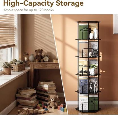 SUNMORY 5 Tier Rotating Bookshelf Tower, Revolving 360 ° Spinning Bookcase, Hexagonal Corner Book Shelf Storage Carousel, Vertical Rotate Turning Organizer Book Shelves for Living Room Office Bedroom