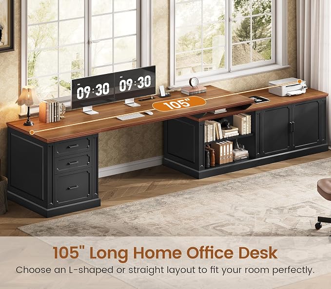 SEDETA Farmhouse L Shaped Desk with Drawers, 70.9" Home Office Desk with Storage Cabinet and Storage Shelves, L Shaped Computer Desk with Power Outlet，Black+Brown