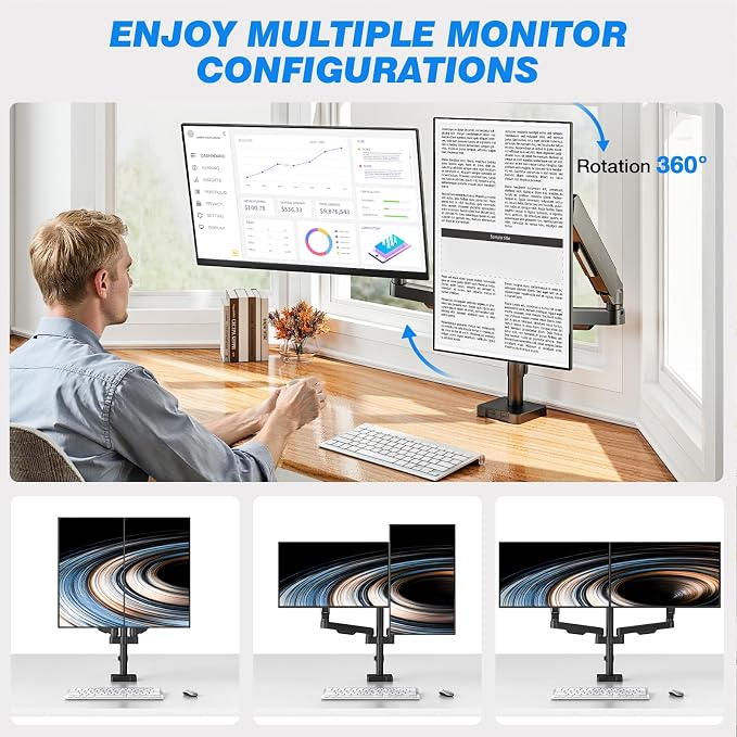 Premium Dual Monitor Desk Mount Stand for 17"-34" Screens, Taller Monitor Stand Hold up to 22lbs, Full Motion Height & Angle Adjustable with Tilt, Swivel, Rotation, VESA 75/100mm