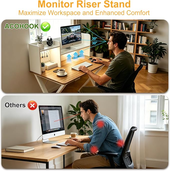 44"×24" White Computer Desk Home Office Gaming Desk with Charging Station Pegboard Motion Sensor Light, Modern Study Desk for Bedroom Living Room Game Kids Room Nursery