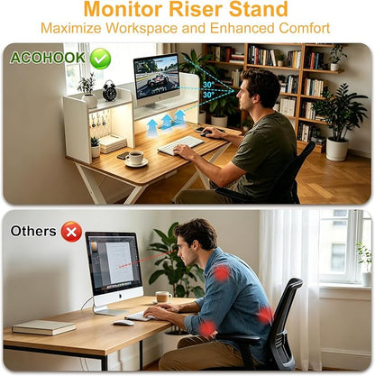 44"×24" White Computer Desk Home Office Gaming Desk with Charging Station Pegboard Motion Sensor Light, Modern Study Desk for Bedroom Living Room Game Kids Room Nursery