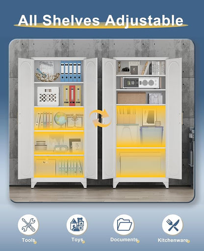 75" Tall Metal Storage Cabinet with 2 Doors and 4 Adjustable Shelves, Heavy Duty Steel Pantry Cabinet for Home Office, Kitchen, Garage and Laundry Room, White