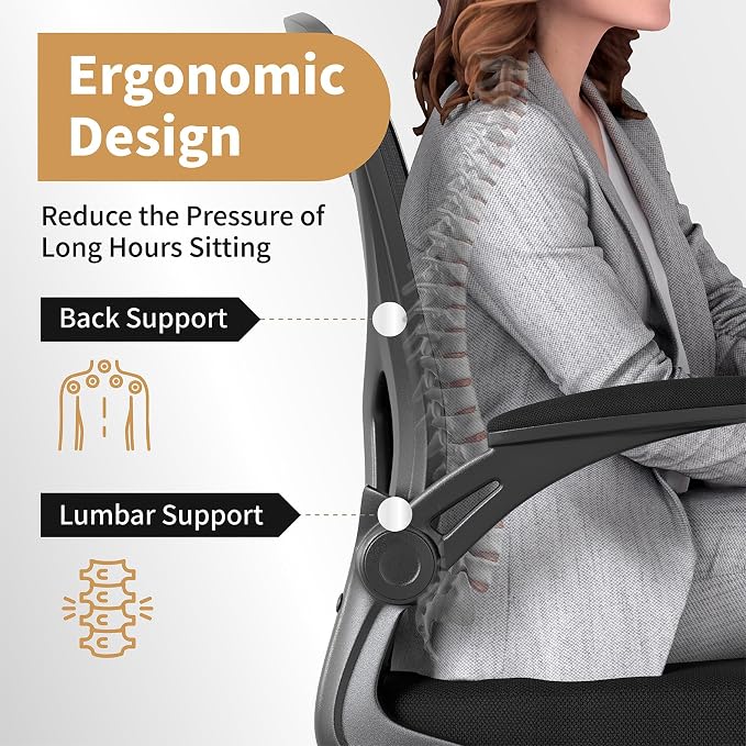 Youhauchair Office Chair Set of 2, Ergonomic Home Office Desk Chairs with Flip-up Arms and Lumbar Support, Height Adjustable, Black