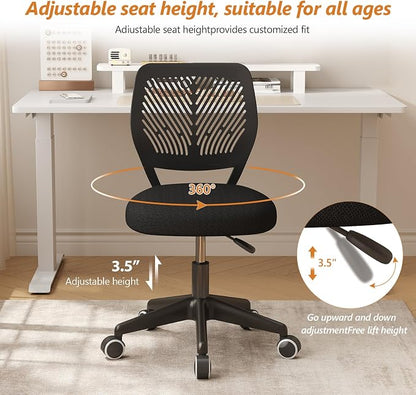 JPBSTO Armless Desk Chair, Height Adjustable Swivel Office Rolling Task Chairs with Soft Mesh Padded Cushion, Ergonomic Small Study Computer Chair for Girls Boys Teens, Black