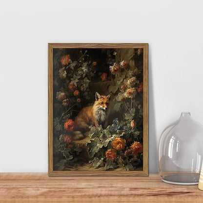 Vintage Fox Canvas Wall Art, Dark Academia Floral Decor, Nature Botanical Animal Painting, Farmhouse Fox Picture Print, Aesthetic Wall Decor for Living Room Bedroom 16x24 inch Wood Framed