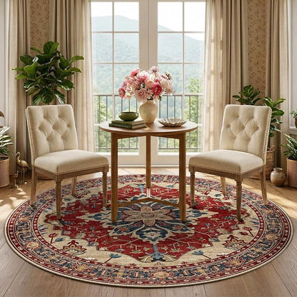 RELEANY Area Rugs Round 5ft Washable Non-Slip, Floral Vintage Distress Medallion Carpet for Living Room Bedroom Dining Room, Red Blue