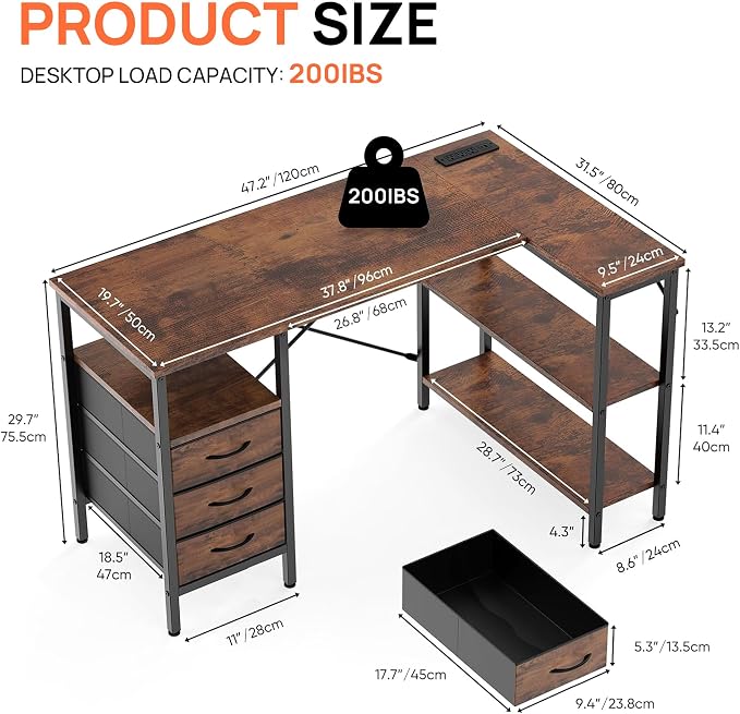 Alpen L Shaped Computer Desk, 47 Inch Corner Desk with Drawers and Power Outlets, Home Office Desk for Gaming, Study Writing PC Table with Storage and Reversible Shelf, Brown