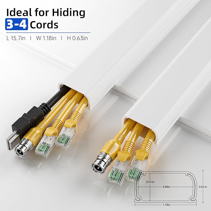 Delamu Large 142in Cord Hider for 3-4 Cords, Cord Covers for Wires on Wall, Easier Install Wire Covers for Cords on Wall, Cable Wire Hider, Cable Cover Management Raceway, W1.18 H0.63in, White