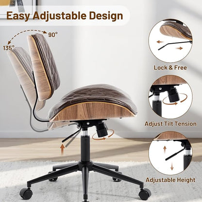 Walnut Bentwood Mid Back Armless Office Chair 1 Pack, Adjustable Height PU Leather Swivel Desk Chair with Wheels, Rolling Computer Task Chair for Home Office, Study, Meeting Room