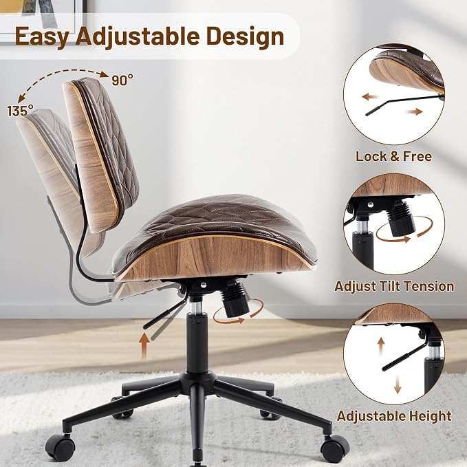 Walnut Bentwood Mid Back Armless Office Chair 2 Pack, Adjustable Height PU Leather Swivel Desk Chair with Wheels, Rolling Computer Task Chair for Home Office, Study, Meeting Room