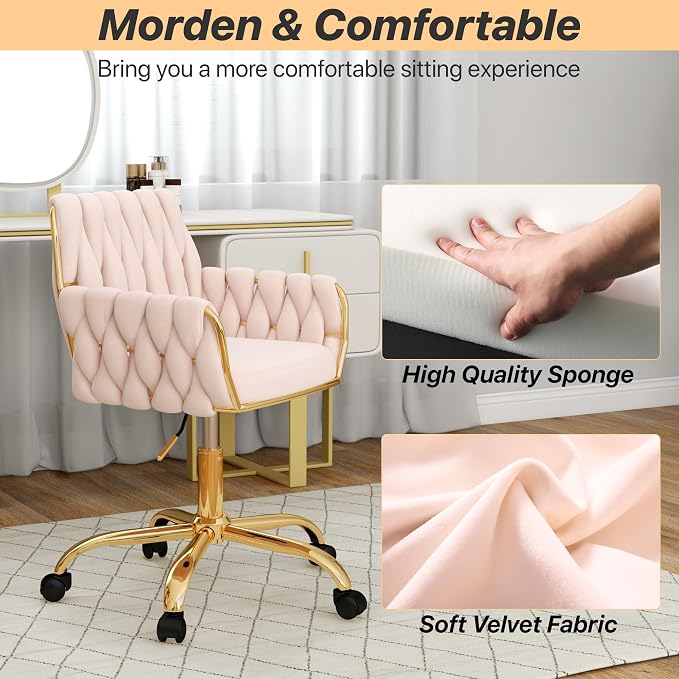 Velvet Home Office Chair, Modern Height Adjustable Cute Vanity Chair, 360° Swivel Makeup Chair with Golden Base and Hand Woven Backrest for for Bedroom/Study/Vanity(Light Pink)