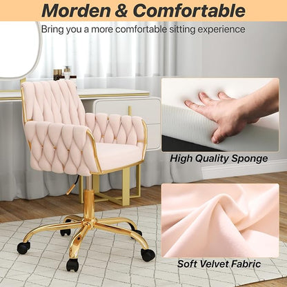 Velvet Home Office Chair, Modern Height Adjustable Cute Vanity Chair, 360° Swivel Makeup Chair with Golden Base and Hand Woven Backrest for for Bedroom/Study/Vanity(Light Pink)