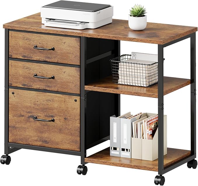 Maihail 3 Drawer File Cabinet with Wheels Rolling Printer Stand with Open Storage Shelf Fabric Lateral Filing Cabinet for Home Office,Rustic Brown2