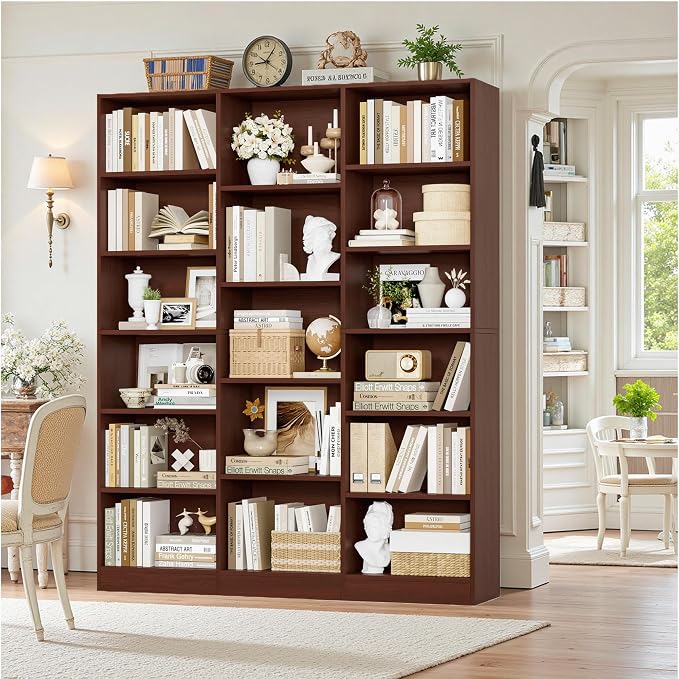 FACBOTALL Triple Wide Bookshelf, 6 Tier Large Bookshelf, Bookcase with 17 Open Display Shelves, 74'' Tall Bookcases and Bookshelves for Living Room, Home Office, Library, Cherry