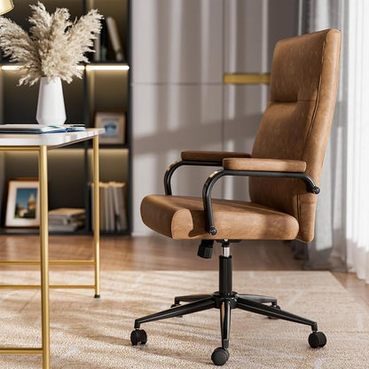 GXJ Brown Office Chair with Memory Foam Seat | 4.9'' Memory Foam Seat and 4.7'' Comfortable Backrest, High Back Leather Executive Chair with Wheels and Arms for Women