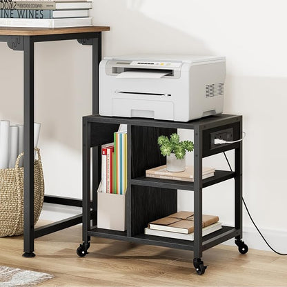 GarveeLife Small Printer Stand with Power Outlets, Rolling Printer Table with Lockable Wheels, Under Desk Printer Cart with Storage, Utility Storage Cart for Home, Office, Black