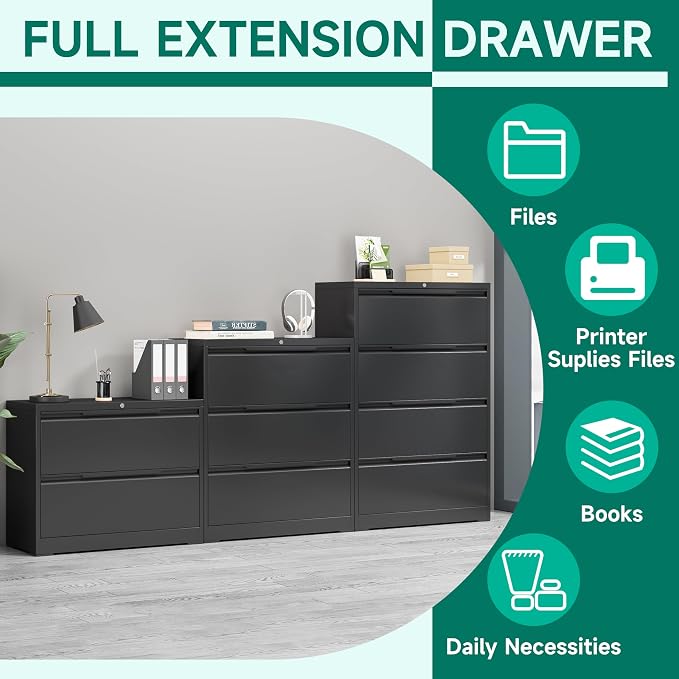 Filing Cabinet with Lock,Lateral File Cabinets 3 Drawer Metal Wide Filing Organization,Home Office School Furniture for Hanging Files Letter/Legal/F4/A4 Size,Black - Assembly Required