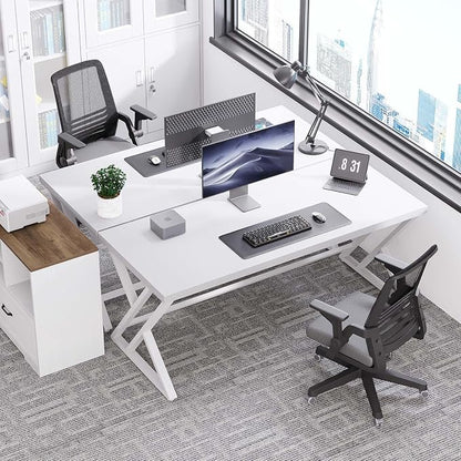 LVB White Computer Desk, Modern Wood Home Office Desk for PC Writing Work, Metal Wooden Executive Workstation Student Simple Desk, Computer Study Gaming Bedroom Table, 55 Inch, White Oak
