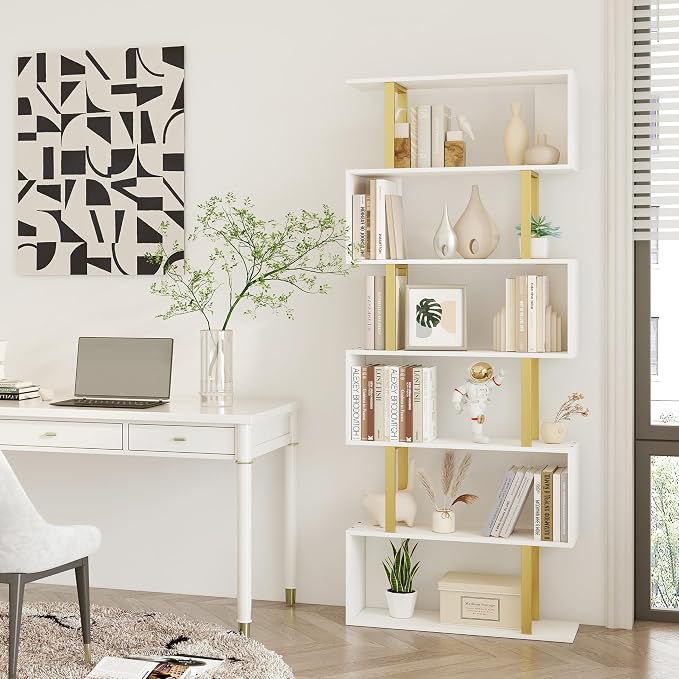 Yusong Geometric Bookcase, S Shaped Bookshelf 6-Tier Book Shelves for Bedroom, Modern Wood Decorative Display Shelf Tall Book Case for Home Office, Gold and White