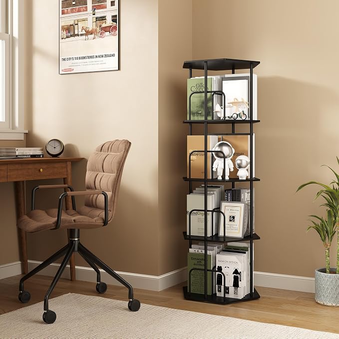 SUNMORY 4 Tier Rotating Bookshelf Tower, Revolving 360 ° Spinning Bookcase, Hexagonal Corner Book Shelf Storage Carousel, Vertical Rotate Turning Organizer Book Shelves for Living Room Office Bedroom
