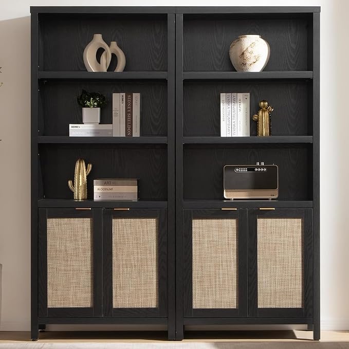 SICOTAS Bookcase 71" Tall Bookshelf 5 Tier Rattan Boho Bookcase with Doors Storage Large Book Case Shelf Farmhouse Bookshelves Library Book Shelves for Living Room Bedroom Home Office Kitchen