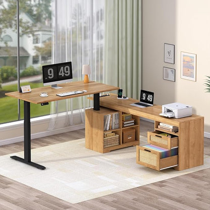 Farmhouse L Shaped Standing Desk, 66 inch Rattan Corner Electric Standing Desk with Drawers ＆ Storage Shelves, Height Adjustable Computer Desk with Power Outlets for Home Office (Natural Oak)
