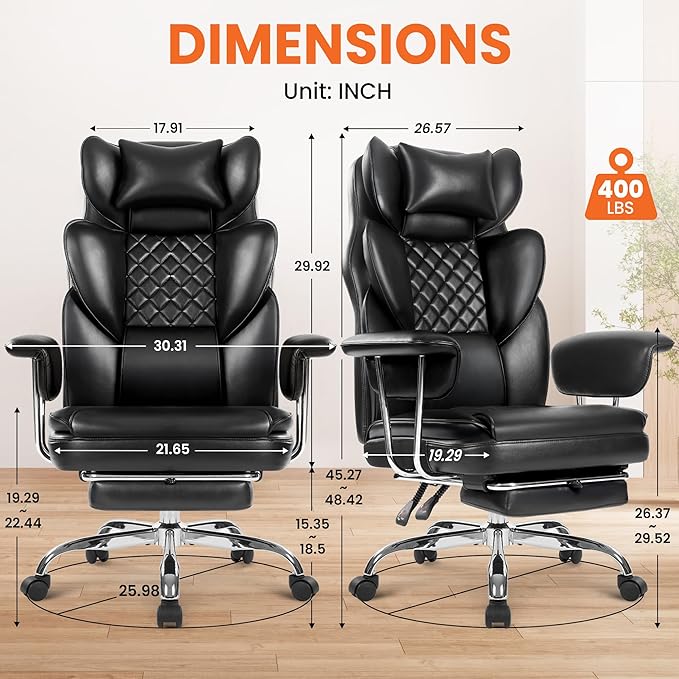 NEO CHAIR Big and Tall Office Chair Gaming Computer Chair High Back Heavy Duty Desk Chai with Lumbar Support Adjustable Recliner Footrest Wide Seat Leather Executive Home with Wheels (Leather Black)
