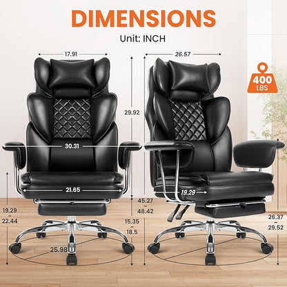 NEO CHAIR Big and Tall Office Chair Gaming Computer Chair High Back Heavy Duty Desk Chai with Lumbar Support Adjustable Recliner Footrest Wide Seat Leather Executive Home with Wheels (Leather Black)
