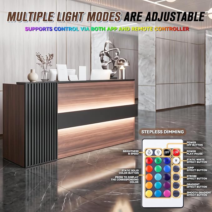 L-Shaped Executive Desk with LED Lights, Modern Reception Desk with AC Power Outlets/USB/Type-C, Executive Workstation with Locked Storage Cabinet, for Office (Black/Brown, 76.7"L/23.6“W/43.4”H)