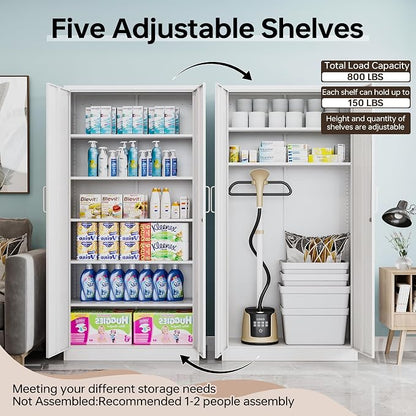 72"H Metal Storage Cabinets, Tall Locking Garage Cabinet with 2 Doors and 5 Adjustable Shelves, Steel Utility Tool Caninet, White Lockable Outdoor Storage Cabnet for Pantry, Garage, Home Office