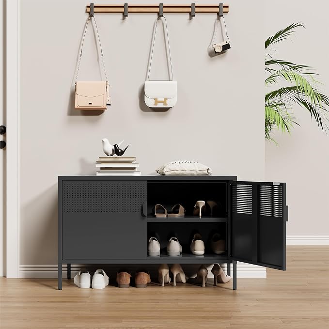 Metal Storage Cabinet,2 Door TV Stand, Metal Mesh Accent Cabinet,Magnetic Door Closure,Low Storage Cabinets with Doors and Shelf for Home,Office,Living Room