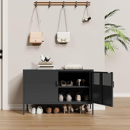 Metal Storage Cabinet,2 Door TV Stand, Metal Mesh Accent Cabinet,Magnetic Door Closure,Low Storage Cabinets with Doors and Shelf for Home,Office,Living Room