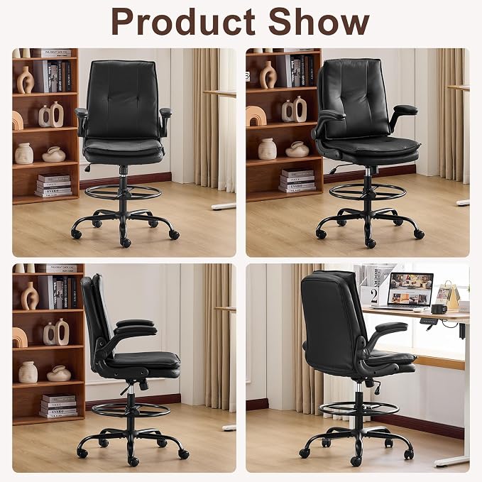 Karl home Tall Drafting Chair, Faux Leather Black | 330Lbs Capacity, Tall Office Chair for Standing Desk, Adjustable Height with Foot Ring, Flip-Up Armrests, PU Executive Chair
