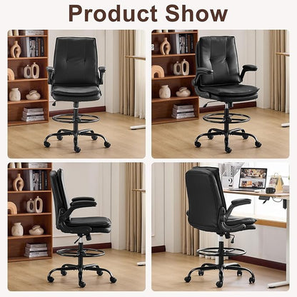 Karl home Tall Drafting Chair, Faux Leather Black | 330Lbs Capacity, Tall Office Chair for Standing Desk, Adjustable Height with Foot Ring, Flip-Up Armrests, PU Executive Chair