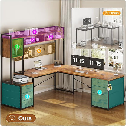 SEDETA L Shaped Gaming Desk with 6 Drawers, Reversible Computer Office Desk with File Drawer, Hutch, Storage Shelves, Gaming Corner Desk with Led Lights, Power Outlet for Two Person, Rustic Brown