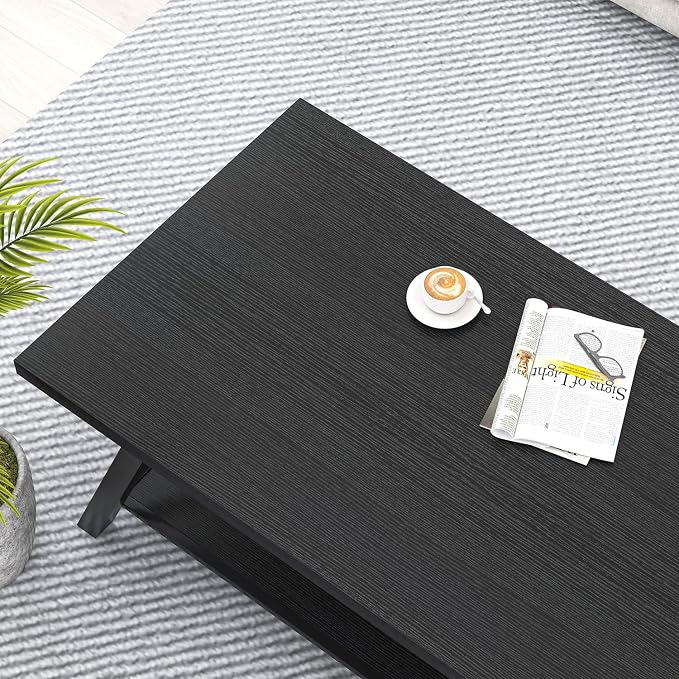 EXCEFUR Black Coffee Table, Modern Wood and Metal Center Table with Storage Shelf, Industrial Rectangle Cocktail Tea Table for Living Room, 47 Inch