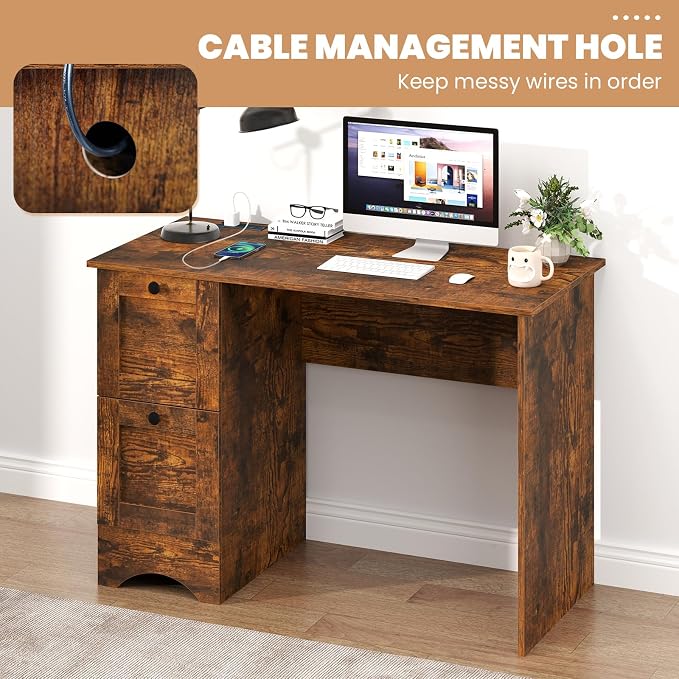 Giantex Computer Desk with 2 Drawers, 43” Wooden Home Office Desk with Charging Station, Compact Study Writing Desk, Modern Laptop PC Desk Workstation for Bedroom, Living Room (Rustic Brown)