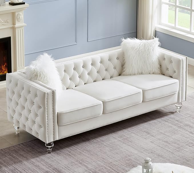 Mikibama Velvet 3 Seater Sofa Couch with Buttons and Square Arms 83.07 Inch Tufted 3-seat Sofas with Trimmed Nailhead and Acrylic Legs Modern Couches for Living Room,Bedroom (Beige-crystal Legs, Sofa)