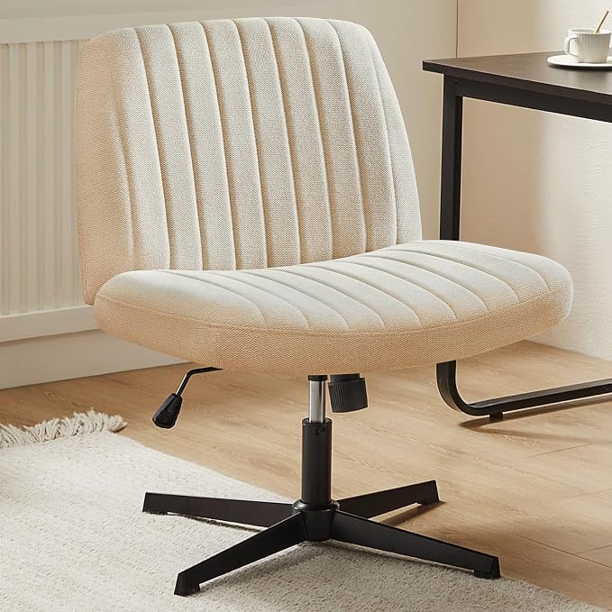 DUMOS Criss Cross Chair No Wheels Wide Cross Legged Office Desk Vanity Chair Comfy Fabric Armless Adjustable Swivel for Home Computer Task (Beige)