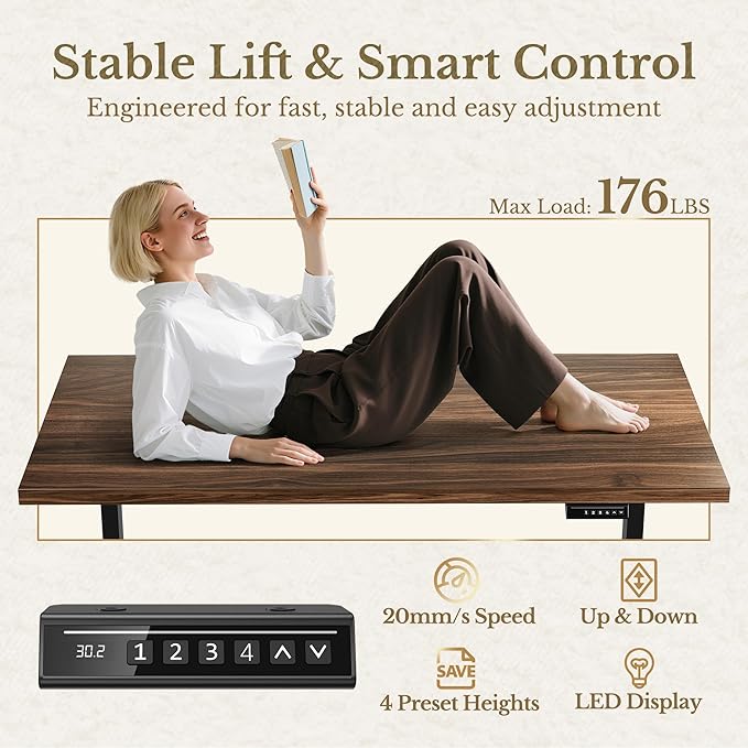 L Shaped Executive Standing Desk with File Cabinet, Electric Height Adjustable Desk with AC/USB and Privacy Panel for Home and Office, Black Walnut